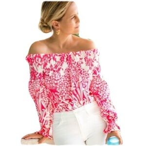 Tuckernuck Pink and White Off-Shoulder Floral Blouse